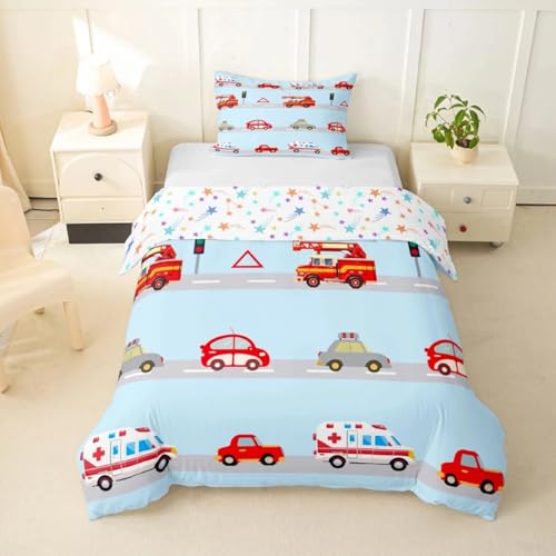 Homemissing Moderne Kinder Autos Drucken Bettwäsche Set 135x200cm Krankenwagen und Feuerwehr Bettbezug Set für Jungen Jugendliche Fahrzeug und Taxi Muster Bettwäsche-Set Blau Rot Weiß