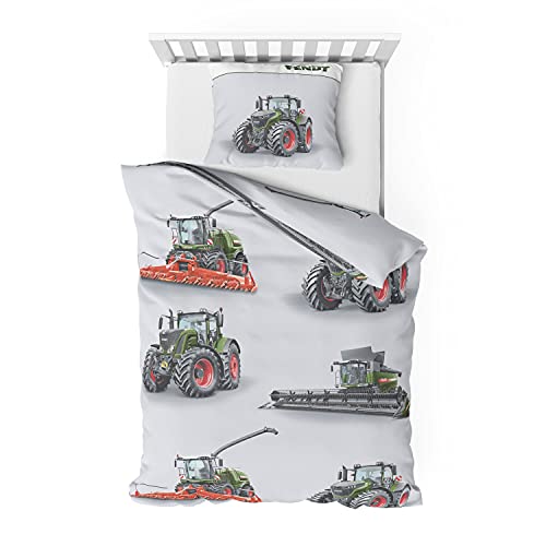 Träumschön Traktoren Bettwäsche 135x200 Jungen - Traktor & Mähdrescher Design - Graue Bettwäsche aus 100% Baumwolle - FENDT Biber Bettwäsche