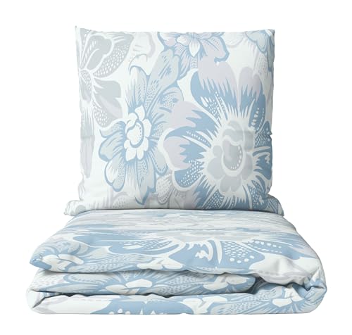 Leonado Vicenti Biber Bettwäsche 200x200 Winter Set flauschig Feinbiber geblümt Blau Beige Kissenbezug 80x80 cm mit verdecktem Reissverschluss, 3teilig