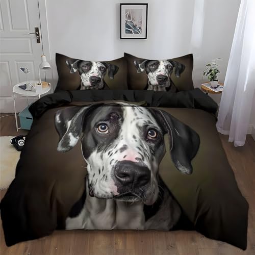 DunkelgrauBettwäsche Schwarz-Weiß-Foto Einer Deutschen Dogge Bettbezug Mikrofaser Weich, 155 x 220 cm Wendebettwäsche Set mit Reißverschluss, Bettwäsche-Sets
