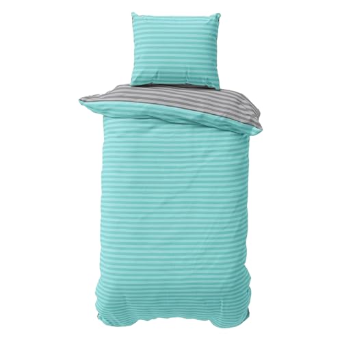 Visaggio Bettwäsche 155x220 cm 2 teilige Bettbezug Set Türkis Grau Damast Stripe Wendebettwäsche Bettwaren 70% Baumwolle 30% Polyester