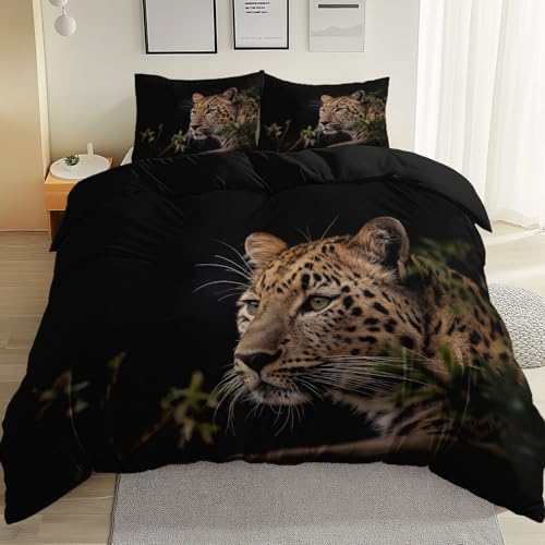 Bettwäsche 155 cm X 220 cm Tier Leopard Tierwelt Bettbezug 3Er Set, Wendebettwäsche Mit 2 Kissenbezug, Weiche & Angenehme Mikrofaser Bettwäsche-Sets Mit Reißverschluss, Schwarz