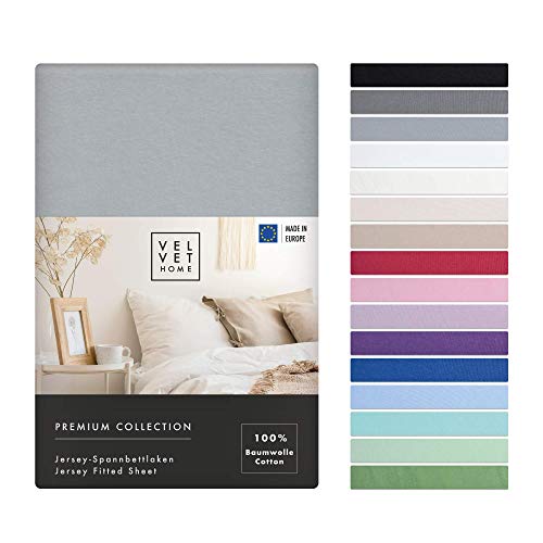 VelvetHome Spannbettlaken 200x220cm | 100% gekämmte Baumwolle | Made in EU | 165gsm | Bettlaken 200x220 bis 25 cm Matratzenhöhe | Jersey | Premium Qualität | Schönen Farben | Hell-grau | 200 x 220 +30