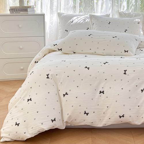 VOGIAY Bettwäsche Mädchen 155x220 Weiß Schwarz mit Schleifen Herzen Aesthetic Bettwäsche aus Microfaser, ÖKO-TEX Bettwäsche Set - Bettbezug 155x220 und 2 Kissenbezug 80x80 cm mit Reißverschluss
