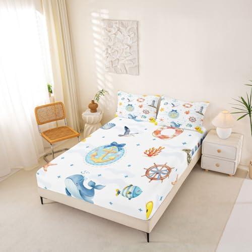 Manfei Meer Nautische Einbaublech L Größe,Niedliche Walentenfisch Bettwäsche Set Kinder Teens Frau Zimmer Dekor,Hellblaue Punkte Srtripe Bettblatt, 1 Kissenbezug