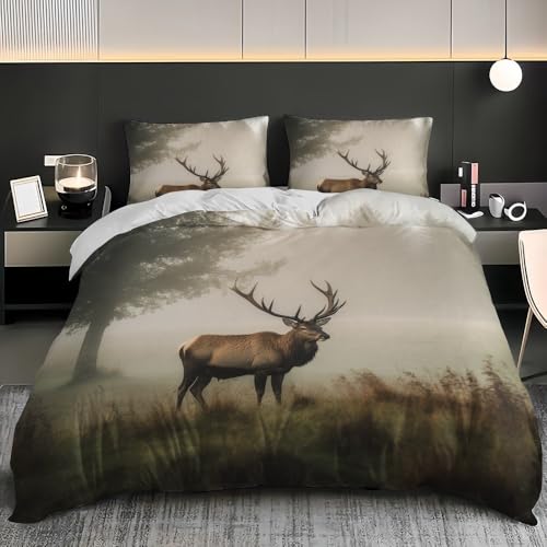 3D-Druck Bettwäsche 180x200 cm Atmungsaktivem Mikrofaser Waldtier Elch Bettbezüge, Superweiches Flaumig Bettbezug Hell 3 teilig Mit Kinder Jugend Bettwäsche