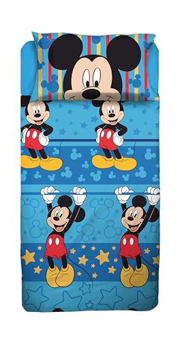 Mickey Mouse, Bettwäsche-Set für französisches Bett, Disney, Bettlaken, Spannbettlaken, Kissenbezug, blau, Disney, 100% Baumwolle, offizielles Produkt
