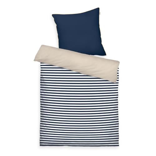 TOM TAILOR Perkal-Bettwäsche, 80x80 cm + 135x200 cm, 100% Baumwolle/Perkal, mit Wendemotiv, farbiger Paspel am Kissen und Markenreißverschluss, STRIPES WITH A KICK Blau, Beige (Dark Navy & Sunny Sand)