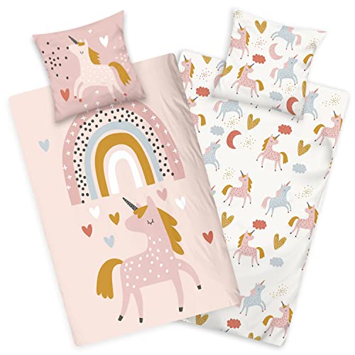 Aminata kids Bettwäsche Kinder 135x200 Mädchen Einhorn Motiv aus Baumwolle mit Reißverschluss Kinder-Bettwäsche-Set Jugendliche Teenager Einhornbettwäsche beige Tiere Tier-Motiv