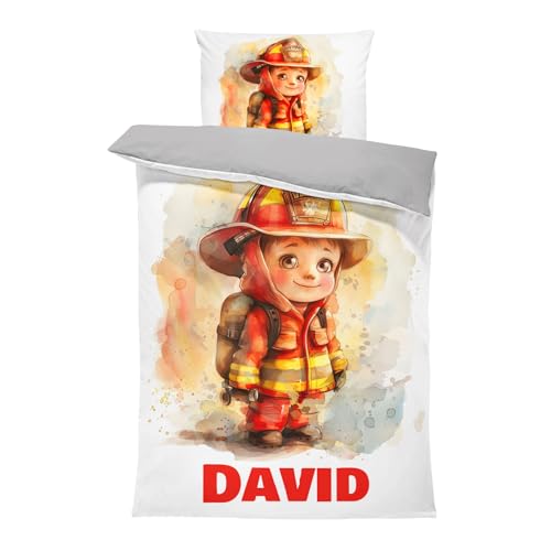 Pictogogo Feuerwehrmann-Design Jungenbettwäsche mit Namen, Personalisiert, Wählbare Baumwollunterfarbe (Weiß, Rosa, Blau, Grau), Oeko-TEX, 135 x 200 cm