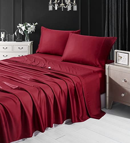 SOFTBEAR King-Bettwäsche-Set, 4-teilig, 100 % Bio-Eukalyptus-Tencel, extra weich, feuchtigkeitsableitend, kühlende Laken, Lyocell, atmungsaktiv und hypoallergen, tiefe Taschen, 40,6 cm, Kingsize, Rot