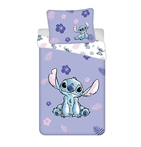Jerry Fabrics Kinder Bettwäsche Wendebettwäsche Lilo und Stitch mit Blumen lila, Bettdeckenbezug 140x200 cm, Kopflkissenbezug 70x90 cm, 100% Baumwolle