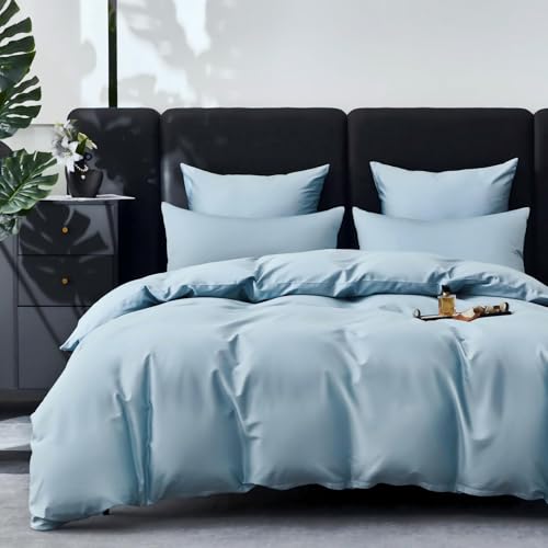YASMENG Mako Satin Bettwäsche 135 x 200 Hellblau 100% Baumwolle Satin Glänzend Luxus Bettbezug Set Weich Seidig Atmungsaktiv Lyocell Seide Bettwäsche 2teilig mit Reißverschluss und 80x80 Kissenbezug