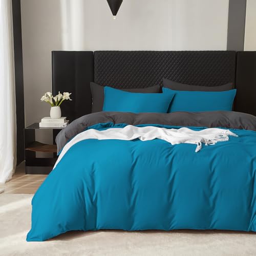 Boqingzhu Baumwolle Bettwäsche 200x220cm Türkis Petrol Blau Grau Doppelbett Weich Renforce Wende Baumwollbettwäsche Bettbezug 200x220cm und 2 Kissenbezüge 80x80cm mit Reißverschluss