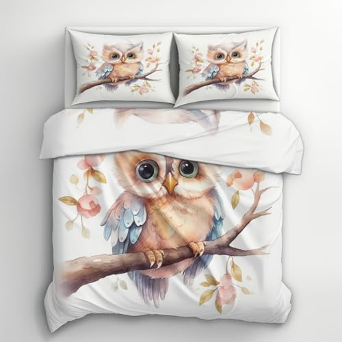 Generisch Bettwäsche Eule 140x200, Eulenmotiv Vögel Süße Motiv Wendebettwäsche & Deko, Weiche Microfaser Bettbezug mit Reißverschluss und 1 Kissenbezug 70x90, 2tlg - ASD1820