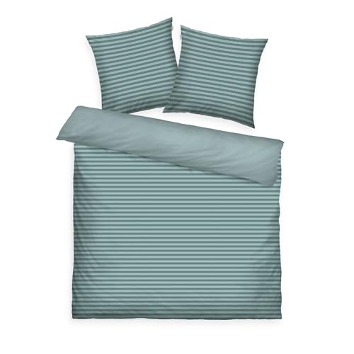 TOM TAILOR Renforcé-Bettwäsche, 2*80x80 + 200x220 cm, 100% Baumwolle/Renforcé, mit Wendemotiv und farbigem Reißverschluss, MEDIUM STRIPES Türkis (Fresh Sage, Smokey Sage)