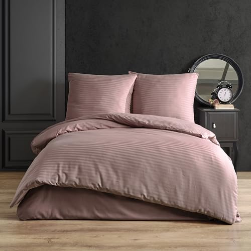 nordqueen Satin gestreift Seersucker Bettwäsche,100% Baumwolle Bettbezug aus Atmungsaktive Winter Bettwäsche Set (Rose, 135X200 cm)