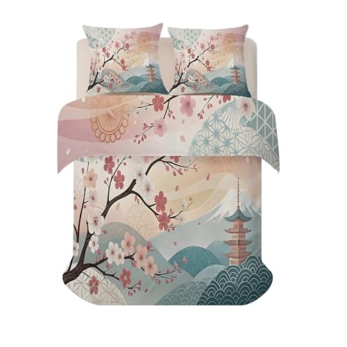 PNHCL Blumen Bettwäsche 135x200 Berg Baum Bettwäsche-Sets Japanisch Orientalisch weiches Mikrofaser Bettbezug mit Reißverschluss und 1 Kissenbezug 80x80 für Kinder Mädchen Junge Rosa