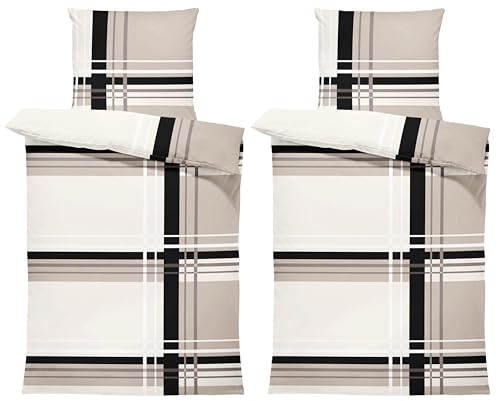 one-home 4 teilig Winter Biber Bettwäsche 135x200 cm gestreift beige kuschelig Baumwolle