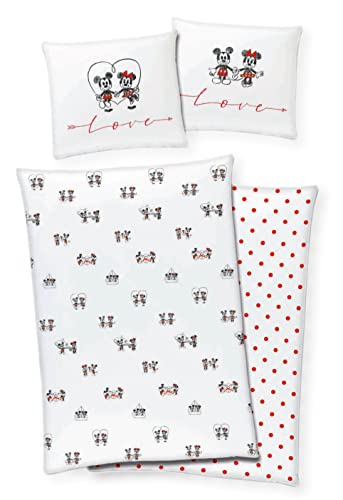 Disney Mickey & Minnie Mouse Bettwäsche 80x80 + 135x200 cm 100% Baumwolle mit Reißverschluss (weiß)
