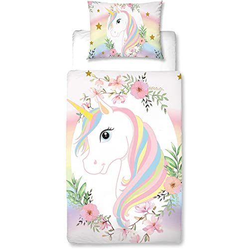 MUSOLEI Einhorn Bettbezug und Kissenbezug für Kinder Rosa Violett Blau Weiß Grün himmelblau und Regenbogen-Einhorn Weiches und Hautfreundliches Material mit Reißverschluss (Rose,Einzelbett)