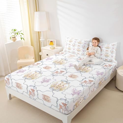 Manfei Hübscher Hasen-Elch Einbaublech S Größe,Blauer Bogen-Grid Bettwäsche Sets Kinder Mädchen Jungen Zimmer Dekor,Sweet Afternoon Tea Bettblatt, 1 Kissenbezug