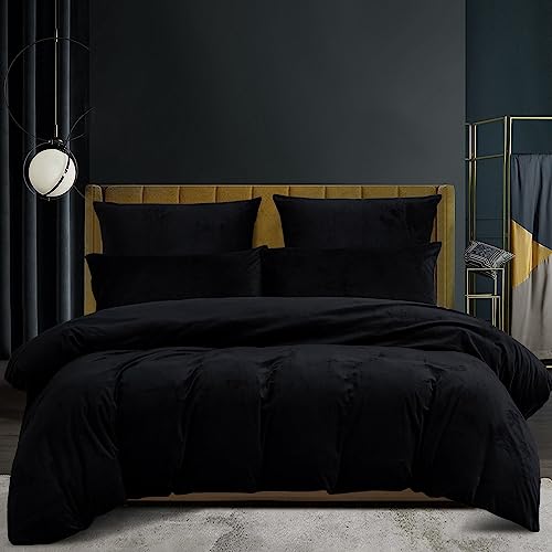 Winter Plüsch Kuschelig Bettwäsche 155x220 Schwarz Samt Thermo Fleece Flausch Microfleece Nicky Wende Bettwäsche Set Cashmere touch Warm Weich Teddy Plüsch Bettbezug Wintermotiv mit Reißverschluss