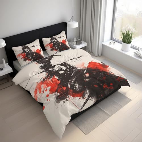 Generisch Japanische Samurai Bettwäsche 155x200cm, Asiatisch Orientalisch Bettwäsche-Sets 2 Teilig, Bettbezug + 1 Kissenbezüge 80x80cm Weich Mikrofaser mit Reißverschluss 21D&-61
