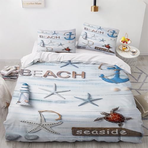 HABEAT 3D BettwäSche Seestern 200x200cm 3teilig Anker BettwäSche Set mit Reißverschluss Sommer Weich Mikrofaser Winter Warm Bettbezüge mit 2 Kissenbezüge 50x75 cm?Stil 5-2?