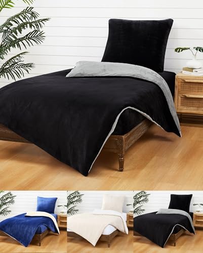 JACK Teddy Flausch 135x200cm Wende Bettwäsche Uni Plüsch Cashmere Touch Weiß Creme Blau Schwarz Grau Warm, Farbe:Schwarz/Grau