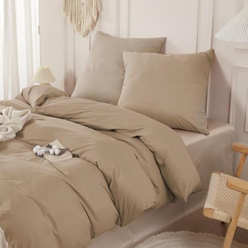 SAPHREAS Bettwäsche 200x200 100% Gewaschene Baumwolle 3teilig, Bettwäsche Sets Reißverschluss & 8 Schlaufen, Oeko Tex Zertifiziert Bettbezug für Allergiker, Khaki(Ohne Bettdecken)