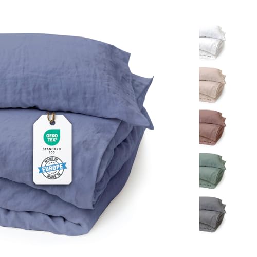 BLUE MOON Bettwäsche 140x200 Leinenbettwäsche [ÖKO-TEX] - 2teilig - 1 Bettbezug 140 x 200 + 1 Kissenbezug 70x90 cm - Leinen Bettwäsche 100% Leinen - Made in EU - Stone Washed - Jeans Denim BLAU