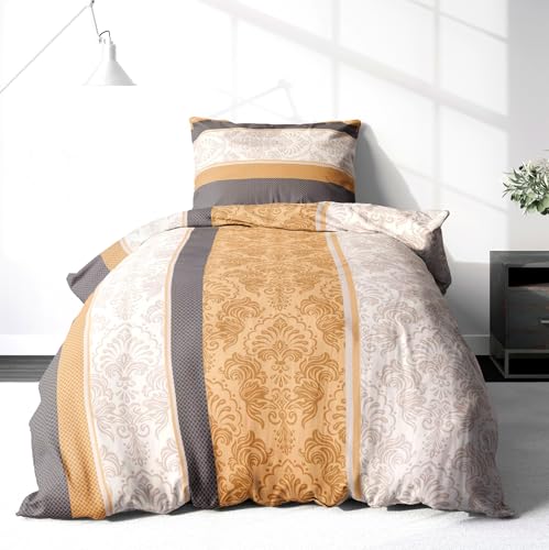 LINKHOFF Biber Bettwäsche 135x200 2tlg - Baumwollbettwäsche mit Streifen & Ornamente Beige Grau - 100% Baumwolle, Reißverschluss - Flauschige Winterbettwäsche Elegant & Zeitlos