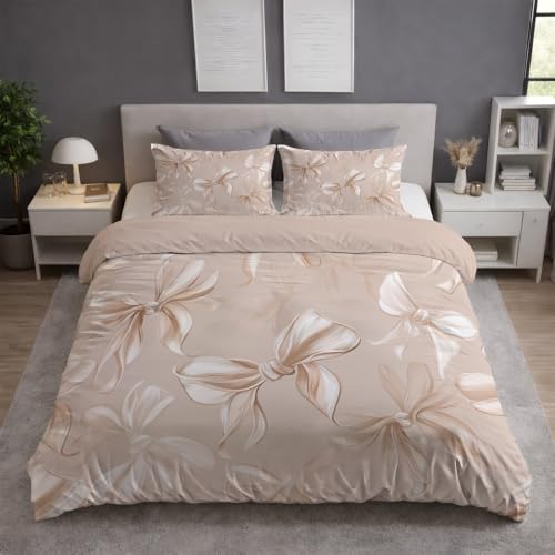 Beige Bettwäsche Set (180 x 200) - Flauschige Bettwäsche - Atmungsaktiv Warm Hautfreundlich - Weiche Bettwäsche - Mit Reißverschluss - Modern Elegant Schleife Lebhaft