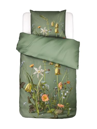 ESSENZA Bettwäsche Ficaria Greenish, 135x200 + 1x 80x80 cm - 100% Bio-Baumwollsatin 215TC - Blumen