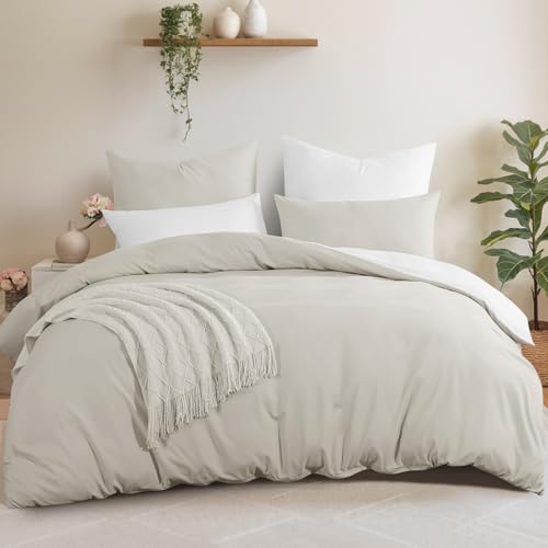 Aisbo Bettwäsche 220x240 3teilig Beige Weiß - Bettwäsche Sets 1 Bettbezug 220x240 cm + 2 Kissenbezüge 80x80 cm, ÖKO-TEX Wendebettwäsche Weich Mikrofaser mit Reißverschluss