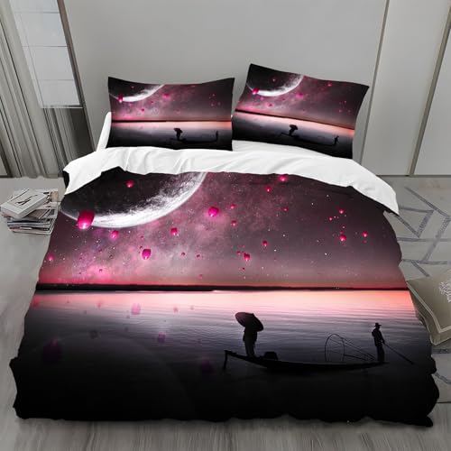 Bettwäsche 135x200 Planeten Bettwäsche-Sets Violetter Sternenhimmel Bettbezug Weiche Atmungsaktiv Mikrofaser mit Reißverschluss und 2 Kissenbezüge 80x80 für Kinder Geeignet