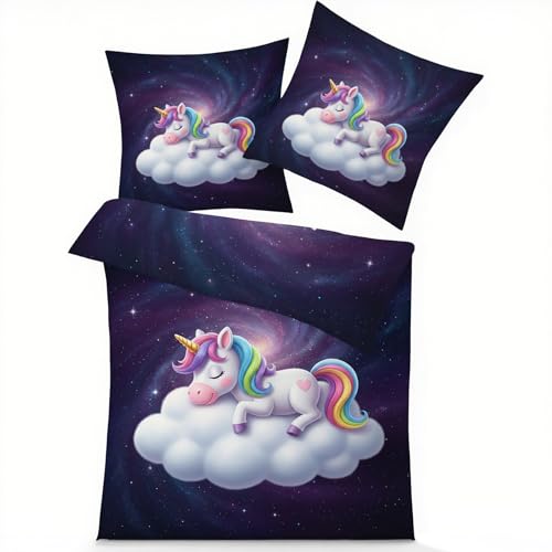GEDAEUBA Bettwäsche 155x220 Einhorn Kinder - Fantasie Galaxy Bettbezug, Wendebettwäsche und Kissenbezug 80x80, Weiche & Angenehme Mikrofaser Bettwäsche-Sets mit Reißverschluss