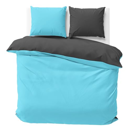 Visaggio Wende Bettwäsche Mikrofaser 200x220 cm + 2X Kissenbezug 80x80 cm Türkis Anthrazit Bettbezug Set Partnerbettwäsche Allergiker geeignet Atmungsaktiv