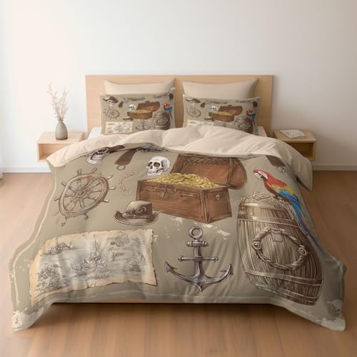 Generisch Bettwäsche 155 x 220 cm Mikrofaser Bettbezug, Vintage Piraten Elemente Wandkunst Wende-Bettwäsche-Set, Bettbezug und 2 x Kissenbezüge Atmungsaktiv Maschinenwaschbar, Hellbeige