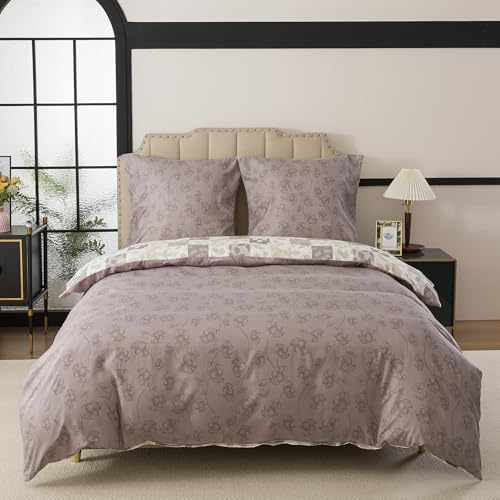 WUMIUER Pflanze Bettwäsche 200x220 3teilig Bettbezug - Kariert Blatt Wendebettwäsche Bettwäsche-Set 200 x 220 cm und 2 Kissenbezüge 80x80cm mit Reißverschluss Weich Leicht Bettwaren