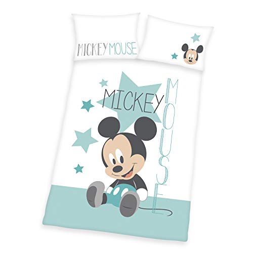 Herding Disneys Mickey Mouse Bettwäsche-Set, Wendemotiv, Kopfkissenbezug 40 x 60 cm, Bettbezug 100 x 135 cm, Mit Knopfleiste, Baumwolle/Linon