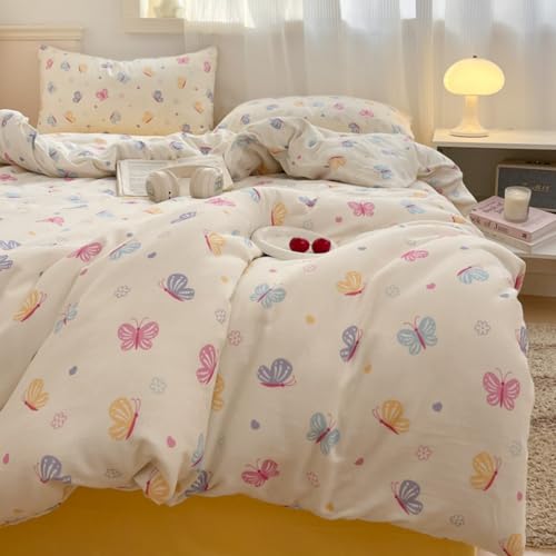 Freyamy Kinder Bettwäsche 100x135cm 2teilig Beige Bunt Schmetterling Mädchen Bettwaren-Sets Schmetterlingsmotiv Microfaser Deckenbezug Teens Bettbezug mit Reißverschluss und 1 Kissenbezug 40x60cm