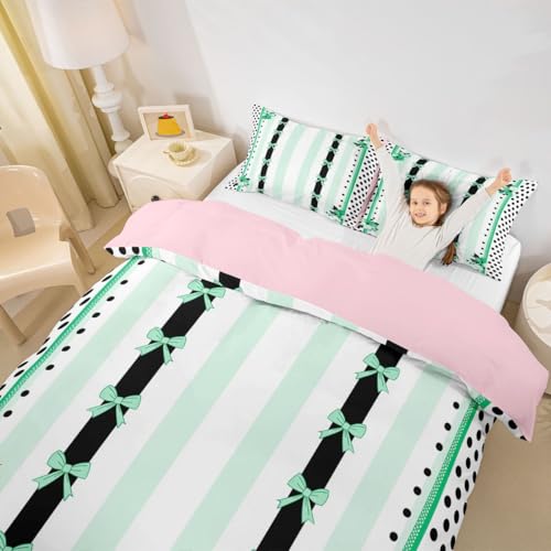 Schöne Bowknot Kinder Bettdecke M Größe Nette Retro Landschaft Polka Dot Blumen Troster Abdeckung für Jungen Mädchen Grüne Mädchen Prinzessin gestreifte Krawatte Bettwäsche Set(1 Kissenbehälter)