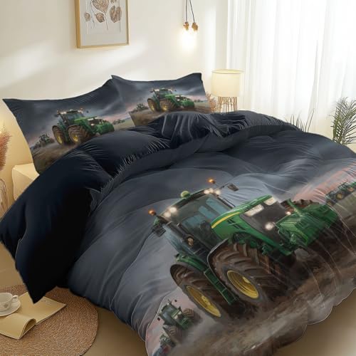 Bettbezug Ölgemälde Bauernhaus Traktor Bedruckter Bettbezüge mit Reißverschluss, Weich und Atmungsaktiv Gebürstete Mikrofaser Dunkelgrau Bettwäsche Set für Männer Frauen 155 x 220 cm