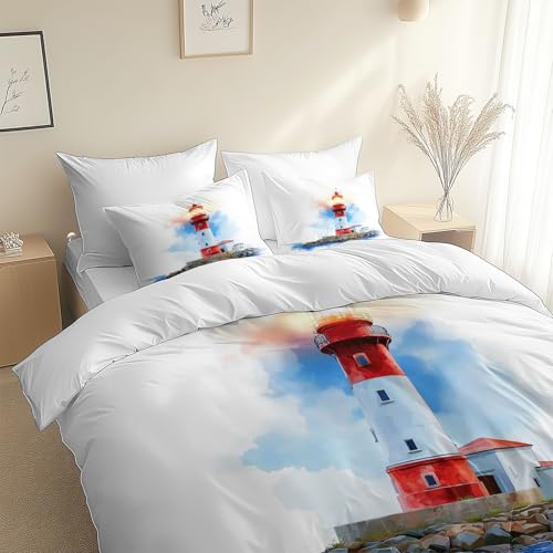 Generisch Bettbezug 200 x 200 cm Weiß Küstenstil Navigation Leuchtturm Bettwäsche Set Mädchen Jungen Weiche Bettbezug Set Mikrofaser Für Kinder Teens Schlafzimmer Dekor, 2 Kissenbezug