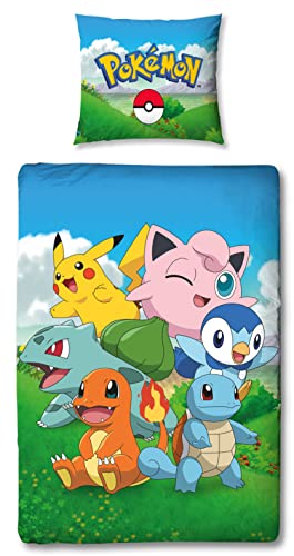 Pokemon Bettwäsche 135x200 80x80 Kissenbezug Pokeball [Wendemotiv-2 Designs] 100% Baumwolle Schadstoffgeprüft Öko Tex Standard Deutsche Größe