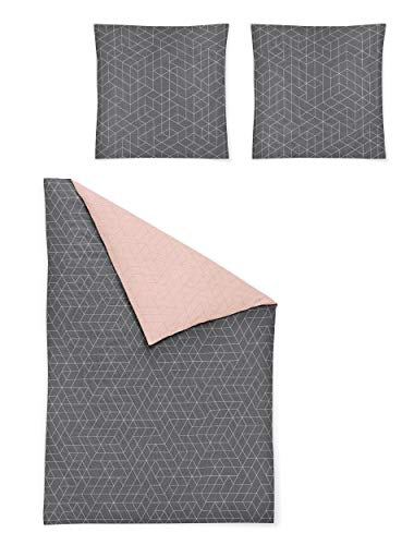Irisette Biber Bettwäsche-Set 135x200 2tlg grau rosa 2 teilige Wende-Bettwäsche Kissen 80x80 cm Geometrisches Muster