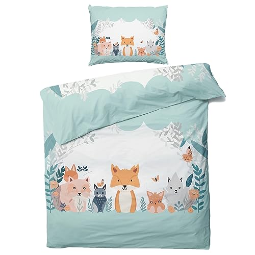 ZDABAOEC Wald Fuchs Kinderbettwäsche 100x135 Jungen Mädchen, Weiche Microfaser Kinder Baby Bettwäsche 2er Set - 1 Bettbezug + 1 Kissenbezug 40x60, mit Reißverschluss, Wende Motiv