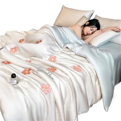 JCXIOC Seiden-Bettwäsche Set Coole Sommer-Eisseide-Sommerste ppdecke, vierteilige Sets, Stickerei, dünne Steppdecke, Bettlaken mit Kissenbezügen, Bettwäscheset for Klimaanlagen(01 Blue,200x230cm 3pcs)